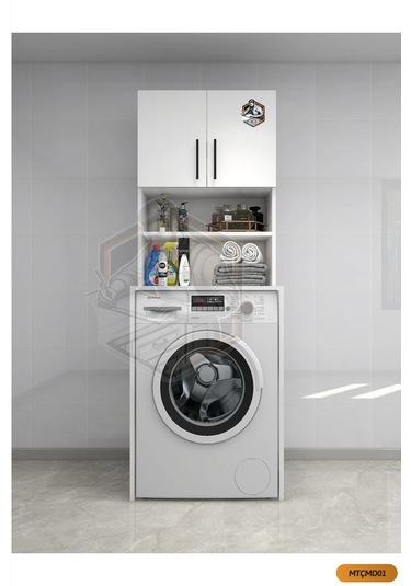 Tamamı Mdf Açık Raflı ve Kapaklı Çamaşır Makinesi Dolabı Beyaz