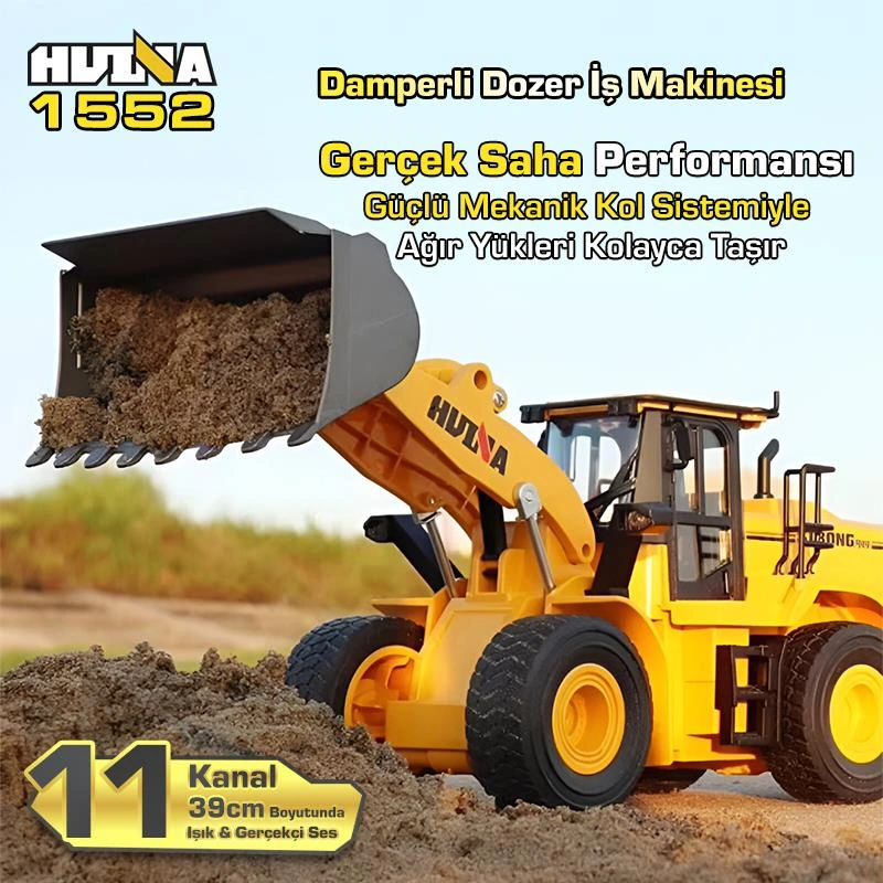 Huına 1552 1/16 11ch Rc Wheel Loader Damper Dozer Kamyon İş Makinesi Kazıcı Uzaktan Kumandalı Rc Model Metal Kepçeli -2.4g Gerçekçi Similasyon Ses Ve Işık Sistemi