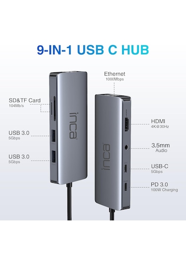 Inca Itpc-10tx Type-c Hub + Hdmı 4k 60hz+ethernet Rj45 1000mbps+2
