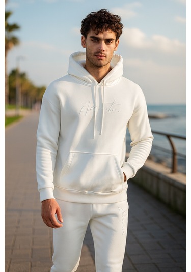 Oversize Ekru Renk Kapüşonlu Eşofman Takımı-1665 Ekru