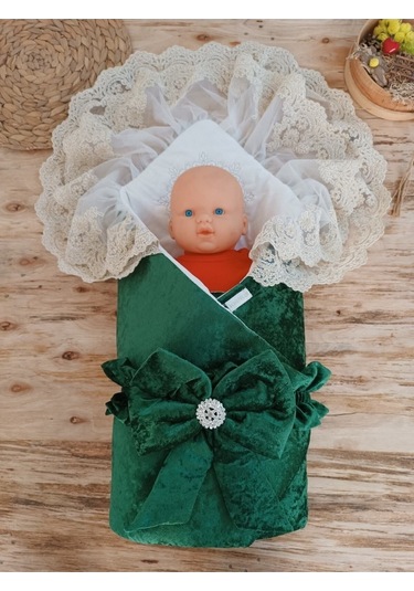 Dantelli Taçlı Bebek Kundağı Unisex Bebek Dış Kundak Battaniyesi Hastane Çıkışı Mevlütlük Kundak Yeşil
