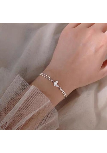 925 Ayar Gümüş Kristal Kelebek Charm Bilezik Altın - Bej