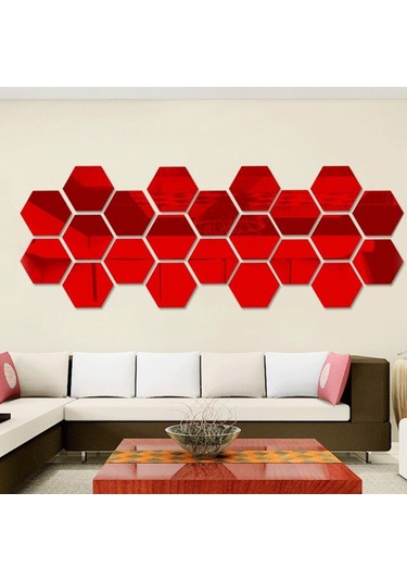 Sones 12 Adet 3d Altıgen Ayna Duvar Sticker Seti, Boyut: 10 10cm Kırmızı Diğer