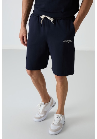 Lacivert Pamuklu Kalın Yumuşak Dokulu Oversize Fit Nakışlı Erkek Şort Takım - 85250
