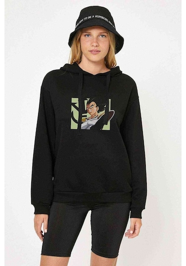 Anime Dragon Ball Baskılı Siyah Kadın Kapşonlu Sweashirt (528755405)