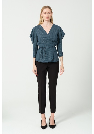 V Yaka Bağcıklı Kol Detaylı Bluz Petrol Mavi