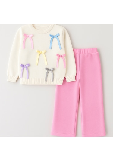 Kız Çocuk Aplike Fiyonk Detaylı Triko Alt Üst Takım 2 Parçalı Takım Fiyonk