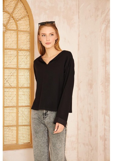 Kadın Ekstra Uzun Duble Kol / Yakası Yırtmaçlı Salaş Sweatshirt Bluz 3470190 Siyah