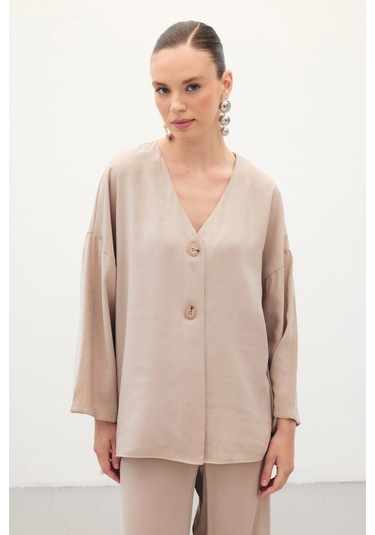Sateen Düğmeli Kimono - Taş Taş