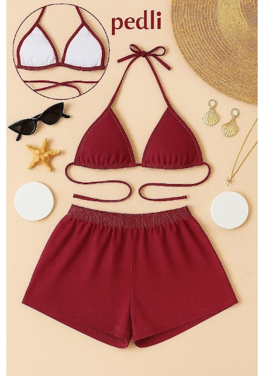 Modadua Kadın Bordo Şortlu Belden Ve Boyundan Bağlamalı Bikini Takımı
