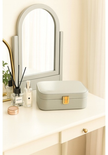 Deri Seyahat Takı Bijuteri Mücevher Kutusu Organizer Düzenleyici 20cm Gri İthal Ürün