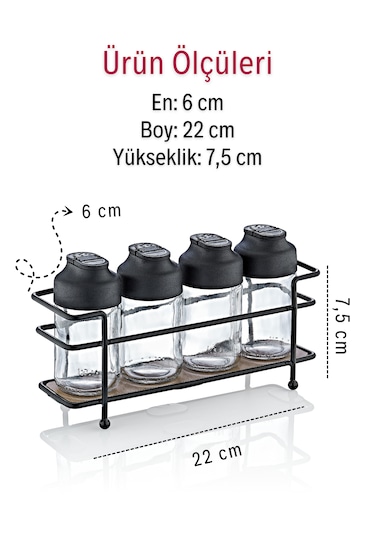 Ahşap Tabanlı Metal Standlı 4 Lü Cam Baharatlık Seti