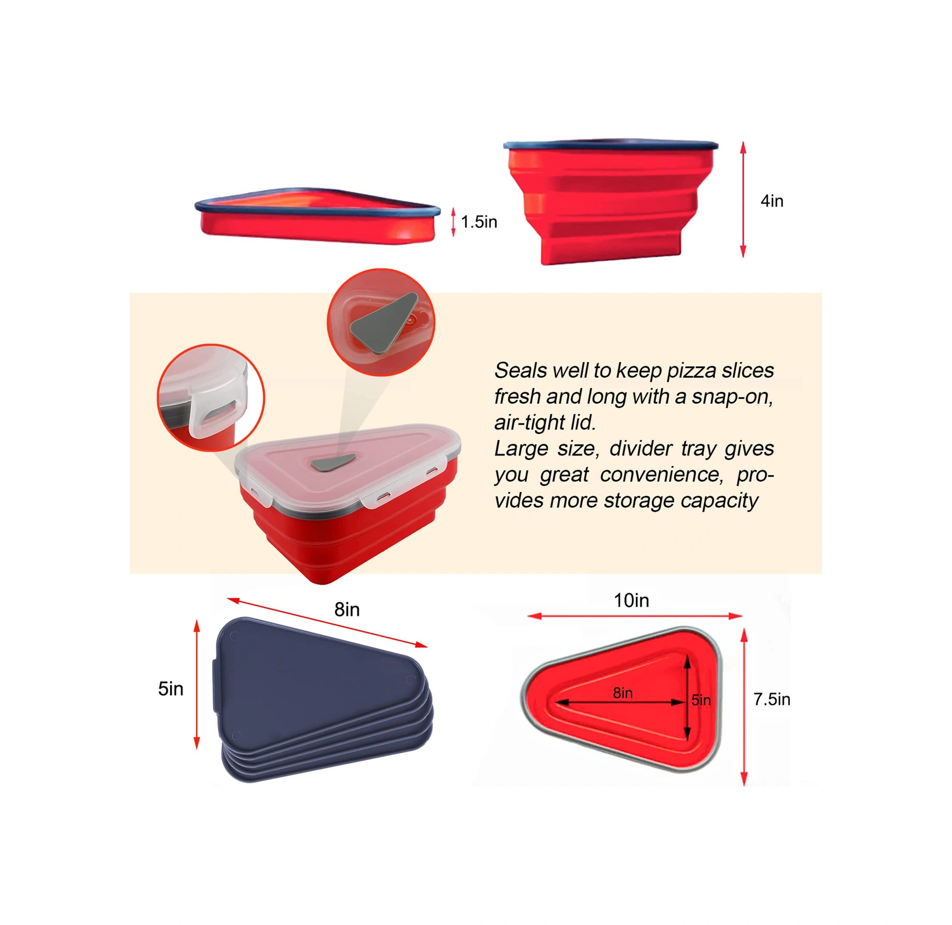 Yunboo Kırmızı Yiyecek Dereceli Silikon Pizza Depolama Kutusu - Yeniden Kullanılabilir, Mikrodalga Uygun, 5 Bölmeli, Leak-proof, Buzdolabı Güvenli Turuncu - Kırmızı