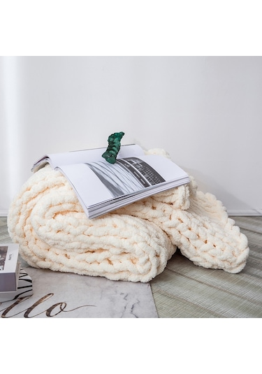 Sones El Yapımı Kalın Yün Örgü Battaniye Kanepe Şönil Çubuk Örgü Battaniye, Boyut: 80 X 100 Cm Muhallebi