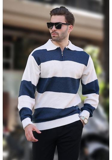 Bej Fermuar Yaka Renk Bloklu Uzun Kollu Kazak 7280 Bej