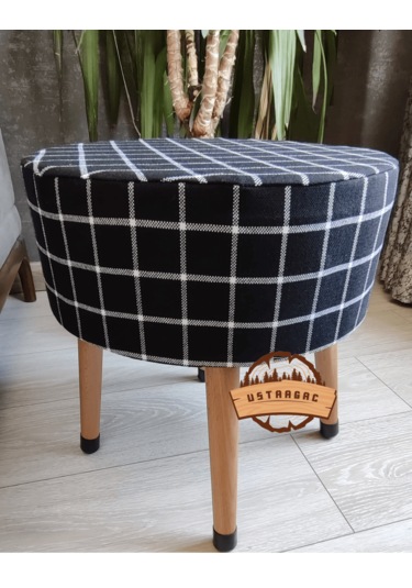 Puf Koltuk Tabure - Siyah Üstü Beyaz Örme Ekose - Ahşap Gürgen Ay