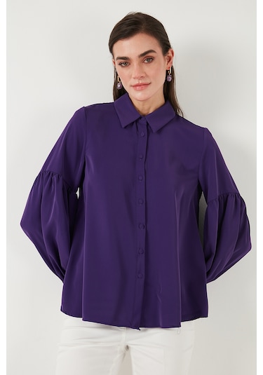 Lela Regular Fit Dikiş Detaylı Düz Yaka Balon Kol Bayan Gömlek 611Go00003 Mor