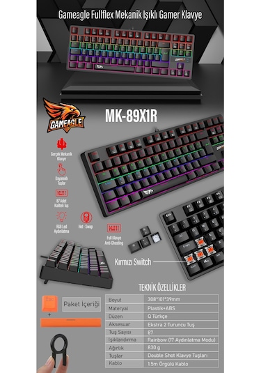 Fullflex Mekanik Klavye Gaming Klavye 87 Tuşlu Hot Swap Işıklı Türkçe Q Klavye Red Oyuncu Klavyesi