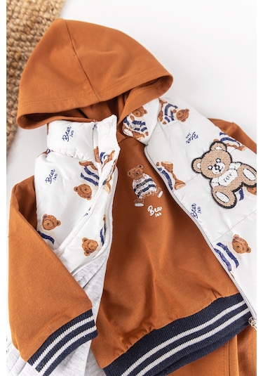 Ayıcık Figürlü Yelekli Üç Parça Kışlık Erkek Bebek Takım 001