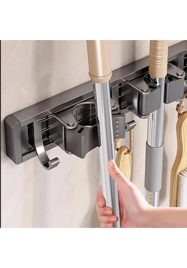 Chenkestoreone Metal Askılı 5 Kancalı 4 Klipsli Duvara Monte Paspas Ve Süpürge Askısı Gümüş Rengi