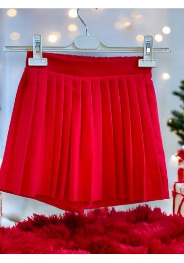 Kız Çocuk Önü Pileli Şort Etek-14904 Kırmızı