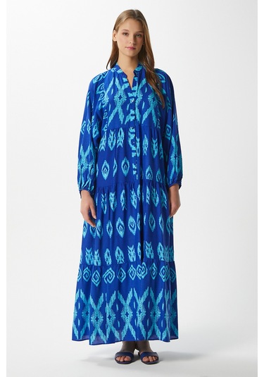 Modest Kadın Megan %100 Viskon Maksi Boy Mavi Katlı Balon Kol Uzun Yazlık Elbise Maviaçıkmavi Açık Mavi