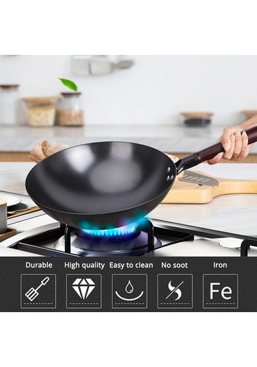 Çinli El Dövülmüş Demir Woks, Yuvarlak Tabanlı Dökme Demir Wok & Ahşap Kapaklı Kızartma Tavaları, Kaplama, Daha Az Yağ, Yapışmaz Pot-36cm 30cm Ahşap