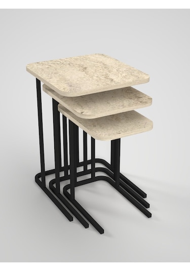 Zigon Sehpa Metal Ayak 3'lü Koltuk Yan Sehpa Zino Traverten Çok Renkli