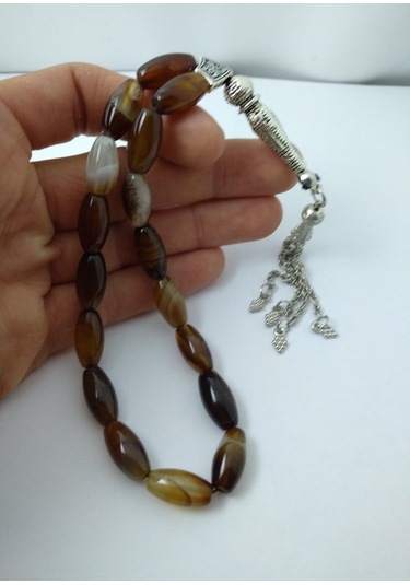 Balıkhediyelikfoto Kahve Akik Taşi Şak Şak Tespih / Uzun Arpa Model Doğaltaş Tespih