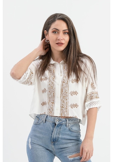 Antik Desenli Kolları Püsküllü Gömlek - Kahverengi-kahverengi Kahverengi