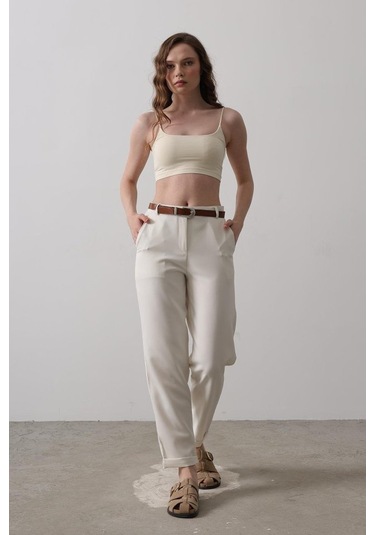 Modasize Kemerli Havuç Pantolon - Ekru Ekru
