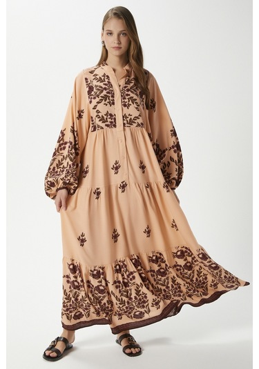 Modest Rosabella Pudra Kadın %100 Viskon Maksi Boy Katlı Balon Kol Uzun Yazlık Elbise Pudrasiyah