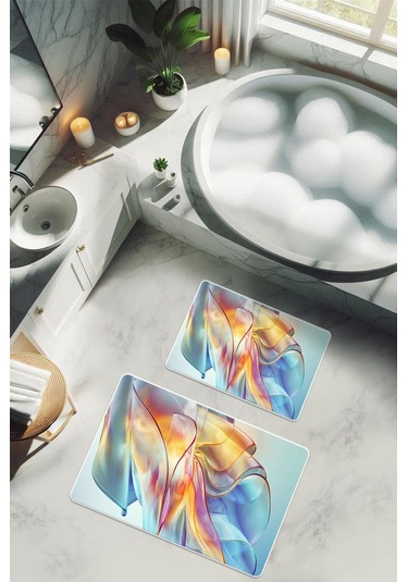 Yıkanabilir Kaymaz Tabanlı Modern Desenli 2'li Banyo Paspas Takımı Bps0001 Renkli