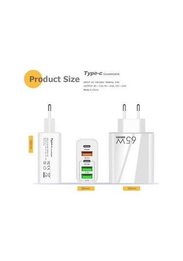 65w Çift Pd Tip-c + 3 X Usb Çok Portlu Şarj Cihazı 3a Tip-c Tip-c Veri Kablosu İle, İngiltere Fişi Beyaz Beyaz