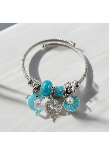 Kadın Çelik Charm Bileklik Bilezik Yunus Figürlü Mavi Çelik