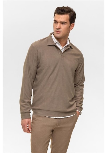 Süvari Açık Kahve Regular Düz Polo Yaka Sweatshirt Açık Kahve
