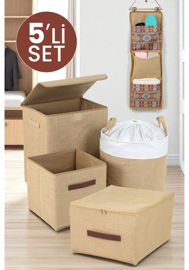İronika Jüt Kumaş Dolap İçi Organizer Oyuncak Kutusu Eşya Çamaşır Saklama Sepeti Düzenleyici Kutu 5li Set Kahverengi