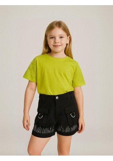 Kız Çocuk Taş İşlemeli Şort-15977 Siyah