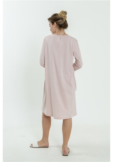 Magic Form 62108 Kadın Pudra Brodeli Penye Uzun Kollu Hamile Lohusa Gecelik