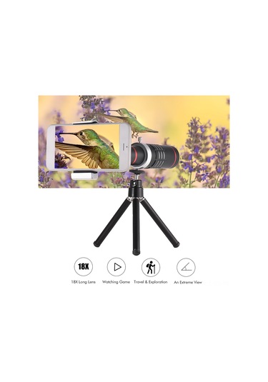 Yaozixa 18x Uzun Mesafe Telefoto Lens - Universal Telefon Kameraya Takılabilir, Manuel Odaklama, Alüminyum Gövde Siyah