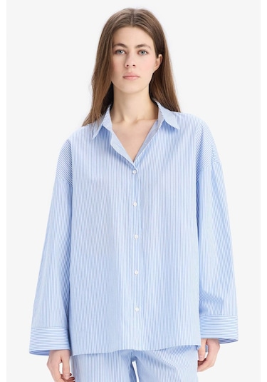 DeFacto Çizgili Pijama Yaka Poplin Pijama Üstü-Fall in Love E3113AX25SPBE747