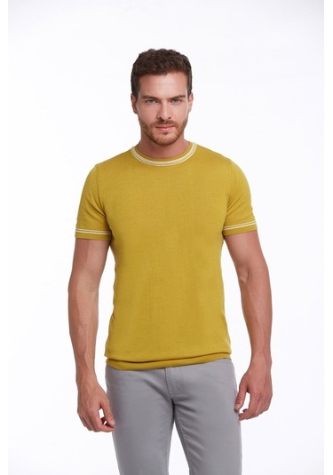 Hatemoğlu Hardal Slim Fit Basic Bisiklet Yaka Triko Tişört-Hardal