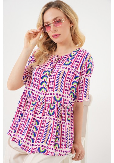 Kadın Desenli Kısa Kol Bluz 969 - Fuşya FUŞYA