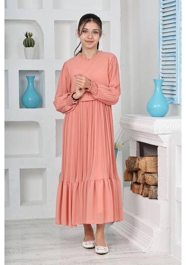 Kız Çocuk Uzun Boydan Pliseli Pamuklu Şifon Uzun Elbise SOMON