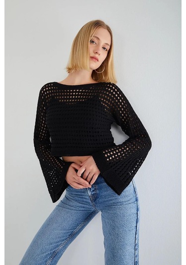 6853 Kadın Ispanyol Kol Ajurlu Crop Kazak Siyah Siyah
