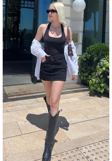 Madmext Siyah Mini Jean Etek Mg2099 Siyah