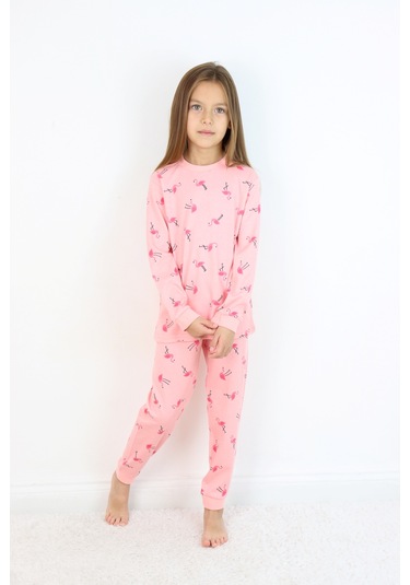 Kız Çocuk Orta Kalınlıkta Basic Baskılı Pijama Takımı Koyu Pembe