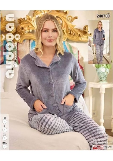 Aydoğanlar Kadın Wellsoft Peluş Önü Düğmeli Pijama Takımı 240700 Gri