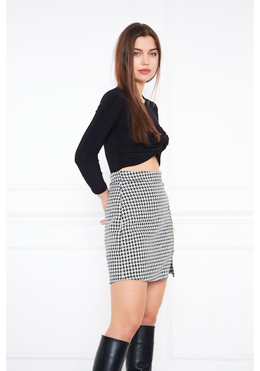 Darlin Moda Siyah Düğme Detaylı Tweed Mini Etek DM 2002 Siyah