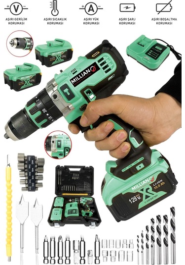 128 V Bakır Sargılı Darbeli Şarjlı Matkap Çift Akülü Metal Mandre